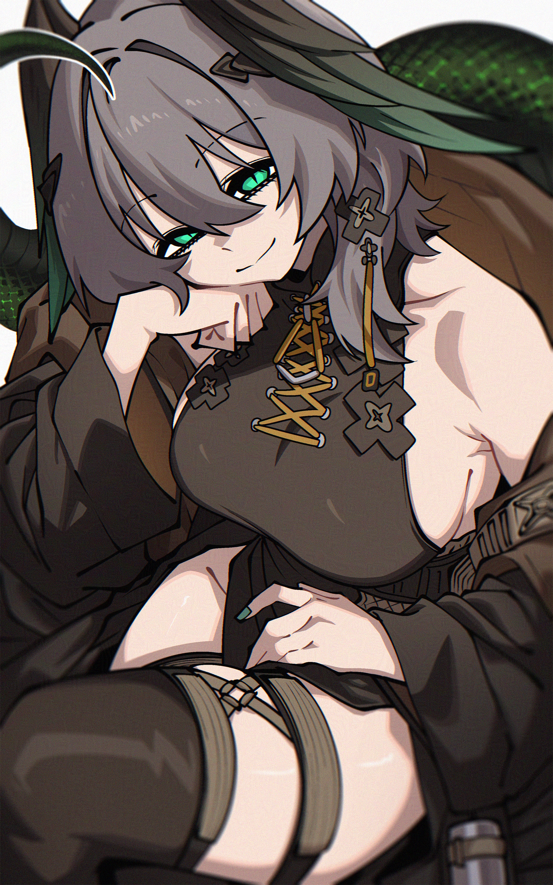 dryegen, ho'olheyak (arknights), arknights, absurdres, commentary, highres, 1girl, aqua eyes, aqua wings, bare shoulders, black dress, black thighhighs, breasts, closed mouth, detached sleeves, dress, gradient wings, grey hair, hand on own cheek, hand on own face, head rest, head wings, ho'olheyak (ritual of immortality) (arknights), large breasts, long sleeves, looking at viewer, medium hair, multicolored wings, official alternate costume, sideboob, sleeveless, sleeveless dress, smile, snake tail, solo, tail, thighhighs, wings