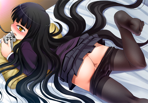kouki kuu, female protagonist (houkago play), houkago play, lowres, 1girl, ass, bed, black hair, controller, feet, female focus, game controller, gamepad, long hair, lying, no panties, pantyhose, playing games, solo, very long hair, video game, yellow eyes