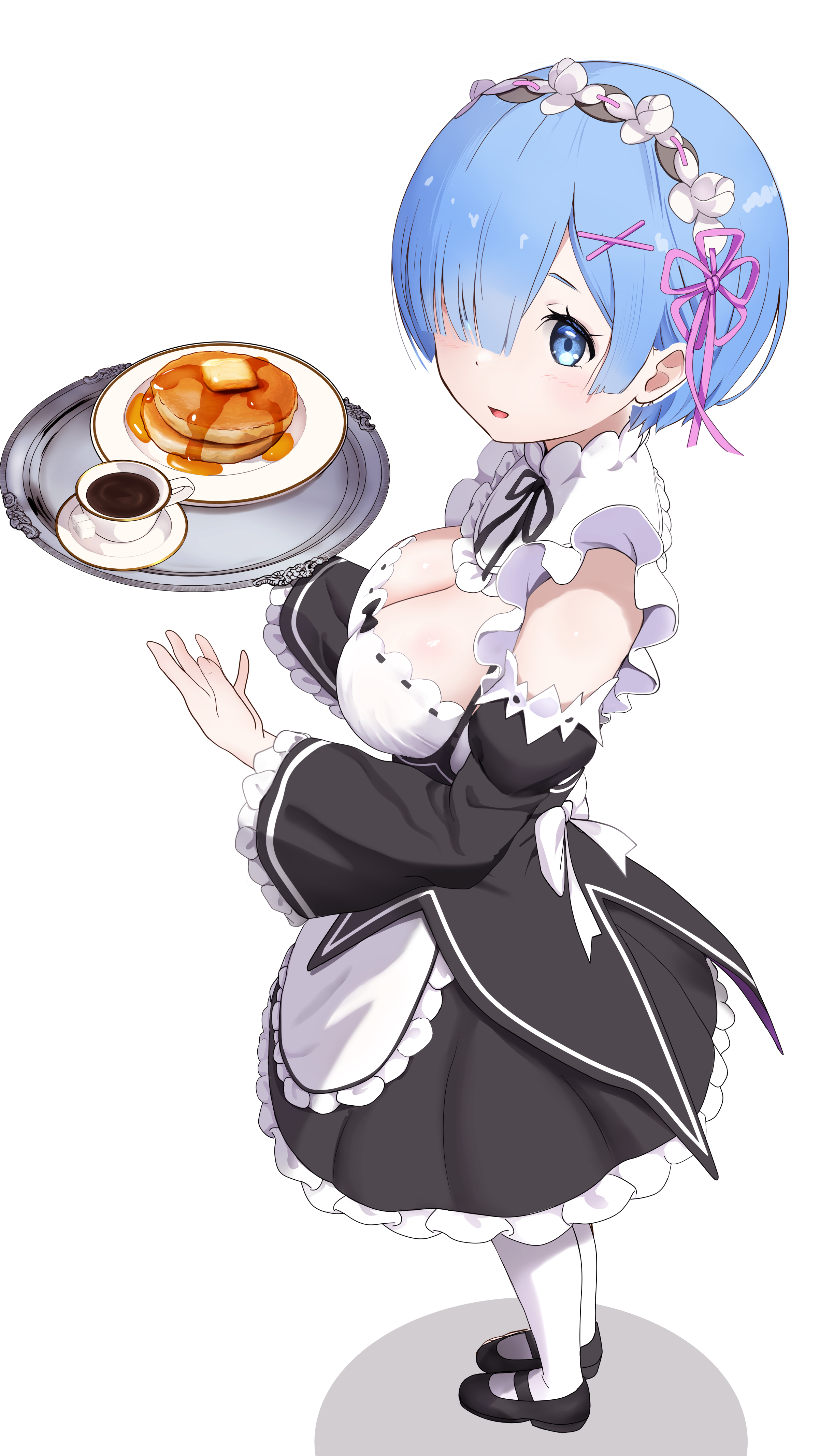 gibun (sozoshu), rem (re:zero), re:zero kara hajimeru isekai seikatsu, absurdres, commentary request, highres, 1girl, :d, black shoes, blue eyes, blue hair, blush, breasts, butter, cleavage, coffee, cup, detached sleeves, dress, food, from side, full body, hair ornament, hair over one eye, hair ribbon, holding, holding tray, large breasts, looking at viewer, maid, maple syrup, mary janes, open mouth, pancake, pink ribbon, plate, ribbon, roswaal mansion maid uniform, shoes, short hair, simple background, smile, solo, standing, teacup, tongue, tray, white background, x hair ornament