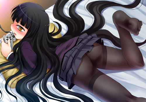 kouki kuu, female protagonist (houkago play), houkago play, sony, lowres, 1girl, ass, bed, black hair, black pantyhose, controller, feet, female focus, game console, game controller, gamepad, long hair, lying, no panties, panties, panties under pantyhose, pantyhose, playing games, solo, thighband pantyhose, underwear, very long hair, video game, yellow eyes