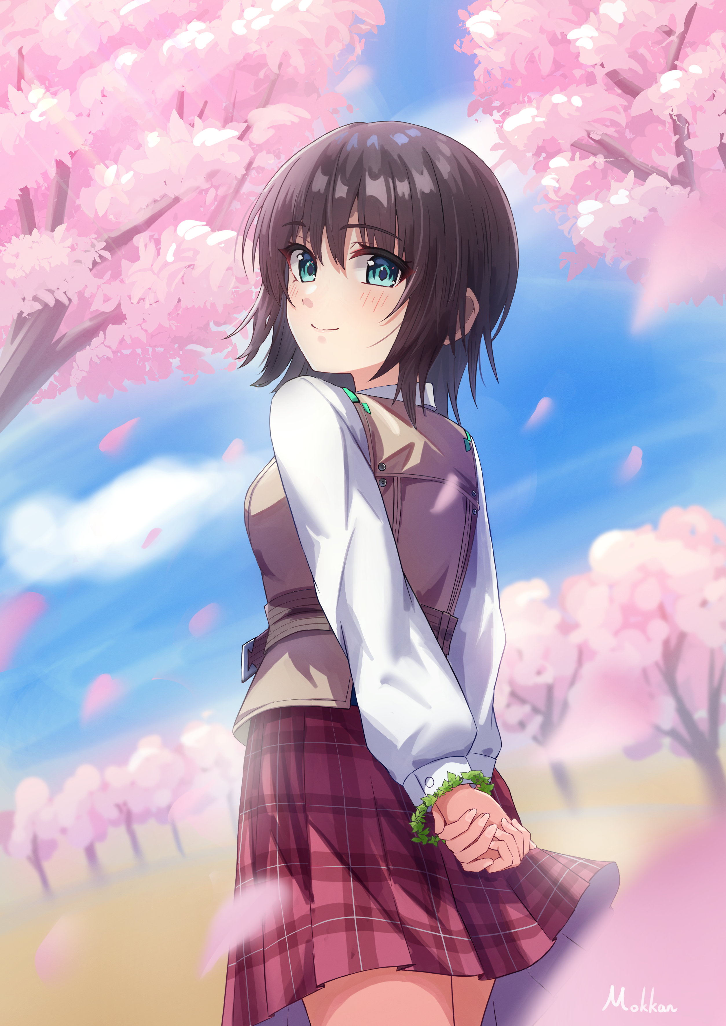 mok kan, aoi erika, heaven burns red, absurdres, highres, 1girl, aqua eyes, arms behind back, artist name, black hair, blue eyes, blue sky, blush, bracelet, breasts, brown hair, brown vest, cherry blossoms, closed mouth, cloud, cowboy shot, day, eyelashes, eyes visible through hair, falling petals, flower, flower bracelet, from behind, hair between eyes, jewelry, long sleeves, looking at viewer, looking back, medium hair, miniskirt, outdoors, own hands together, petals, pink flower, plaid clothes, plaid skirt, pleated skirt, red skirt, school uniform, shirt, short hair, skirt, sky, smile, solo, spring (season), standing, straight hair, sweater vest, tree, vest, white shirt, wind, wind lift