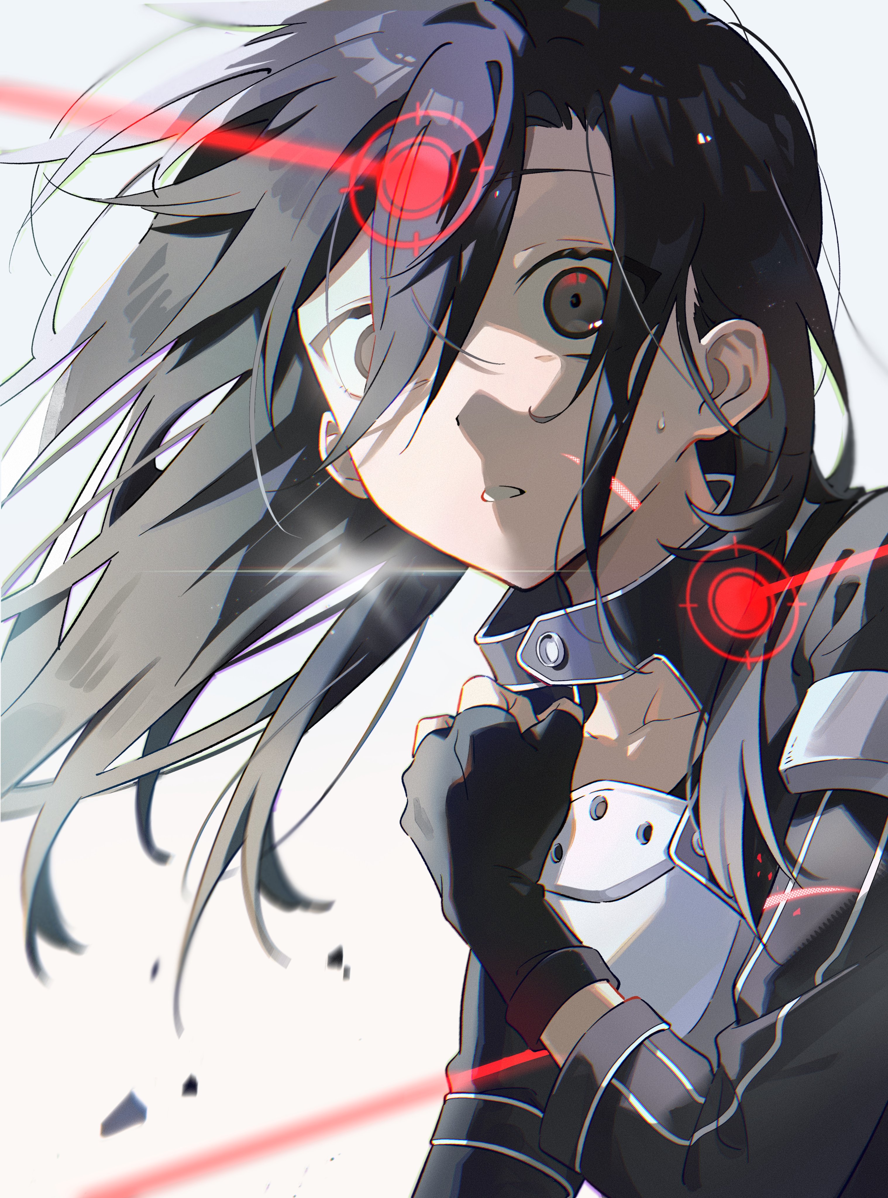 bibi booom, kirito, kirito (sao-ggo), sword art online, absurdres, highres, 1boy, androgynous, armor, black eyes, black gloves, black hair, black jacket, breastplate, collarbone, fingerless gloves, floating hair, gloves, hair between eyes, hand on own chest, hand up, jacket, long hair, long sleeves, looking ahead, male focus, parted lips, portrait, scared, simple background, solo, sweatdrop, target, white background, wide-eyed