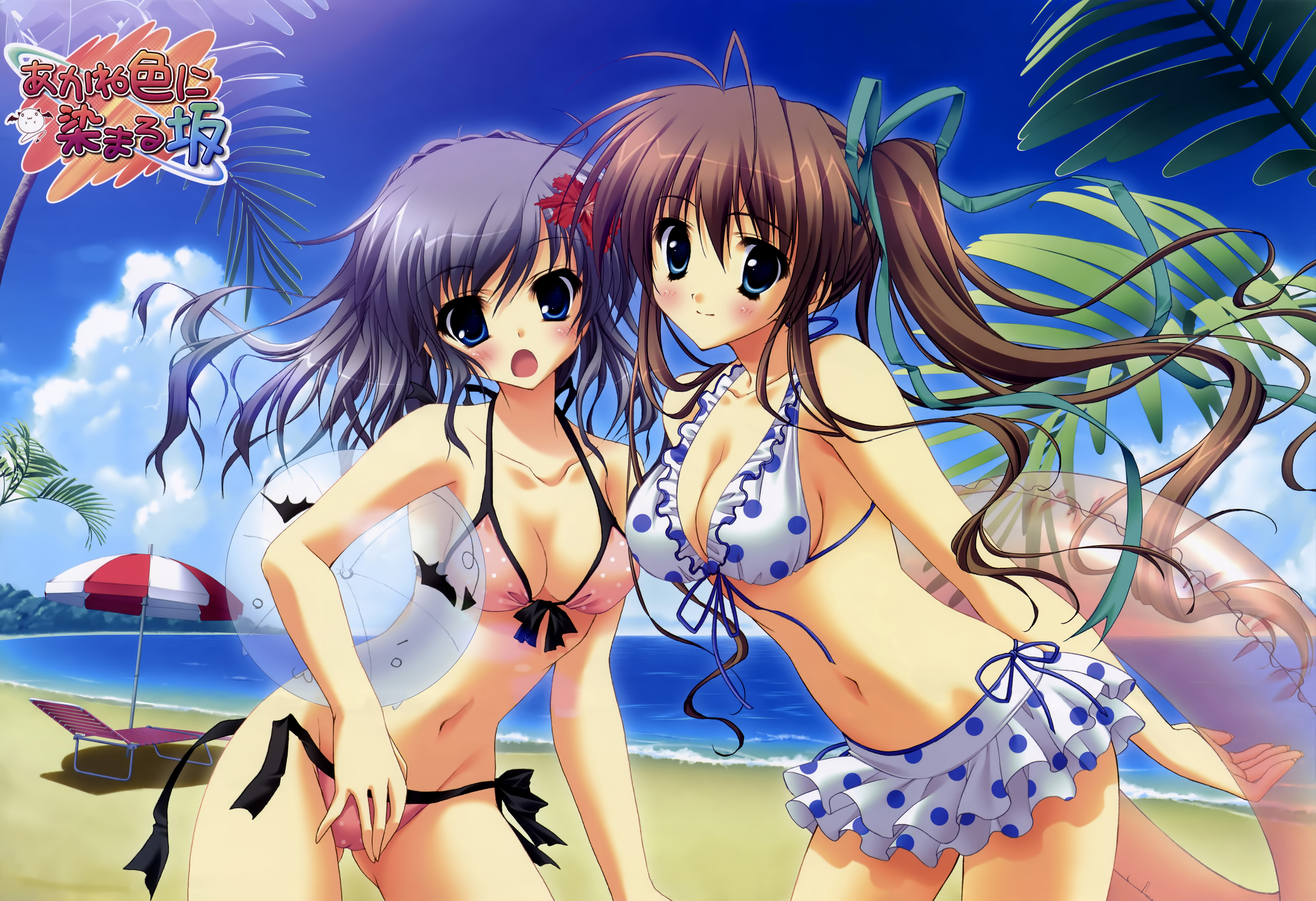 izumi tsubasu, ryouka (suzuya), katagiri yuuhi, nagase minato, akane-iro ni somaru saka, untied, absurdres, highres, 2girls, ball, beach, beach umbrella, beachball, bikini, bikini skirt, blue eyes, blush, breasts, brown hair, cameltoe, chair, cleavage, day, frilled bikini, frills, front-tie top, innertube, large breasts, long hair, lounge chair, multiple girls, navel, open mouth, outdoors, parasol, polka dot, polka dot bikini, polka dot swimsuit, ponytail, purple hair, short hair, side-tie bikini bottom, sideboob, swim ring, swimsuit, umbrella, wardrobe malfunction