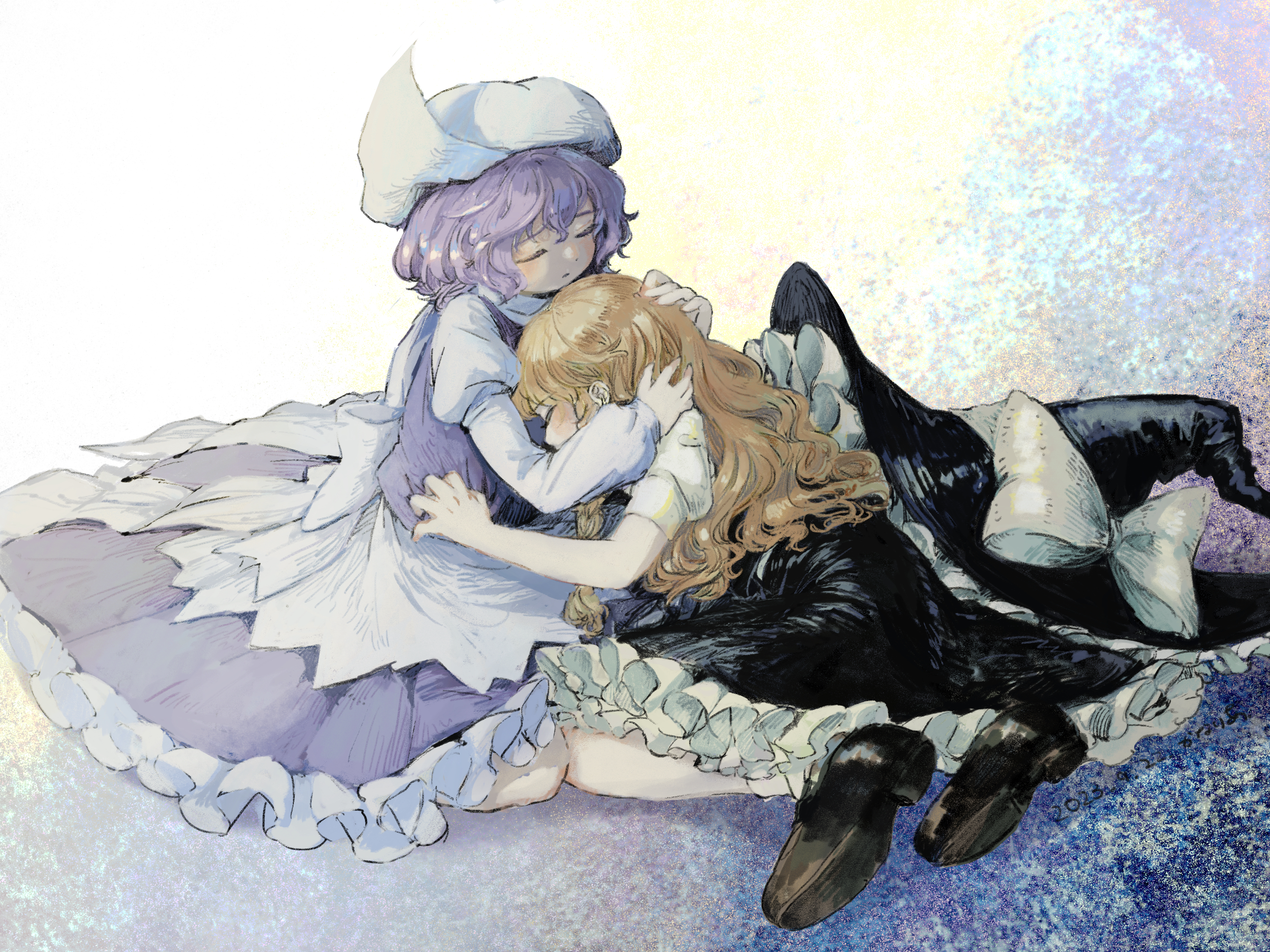 canariadraw, kirisame marisa, letty whiterock, touhou, commentary, commission, highres, skeb commission, 2girls, black hat, black shoes, black skirt, black vest, blonde hair, blush, bow, closed eyes, hat, hat bow, hug, juliet sleeves, leaning on person, long hair, long sleeves, multiple girls, petticoat, puffy short sleeves, puffy sleeves, purple hair, purple skirt, purple vest, shoes, short hair, short sleeves, skirt, unworn hat, unworn headwear, vest, white background, white bow, white hat, witch hat, yuri
