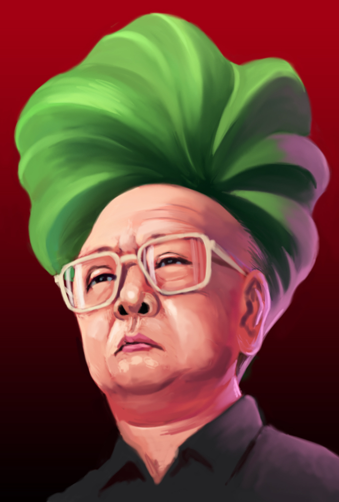 sakkan, kim jong-il, real life, sim city, 1boy, alternate hairstyle, glasses, green hair, korea, male focus, solo, what