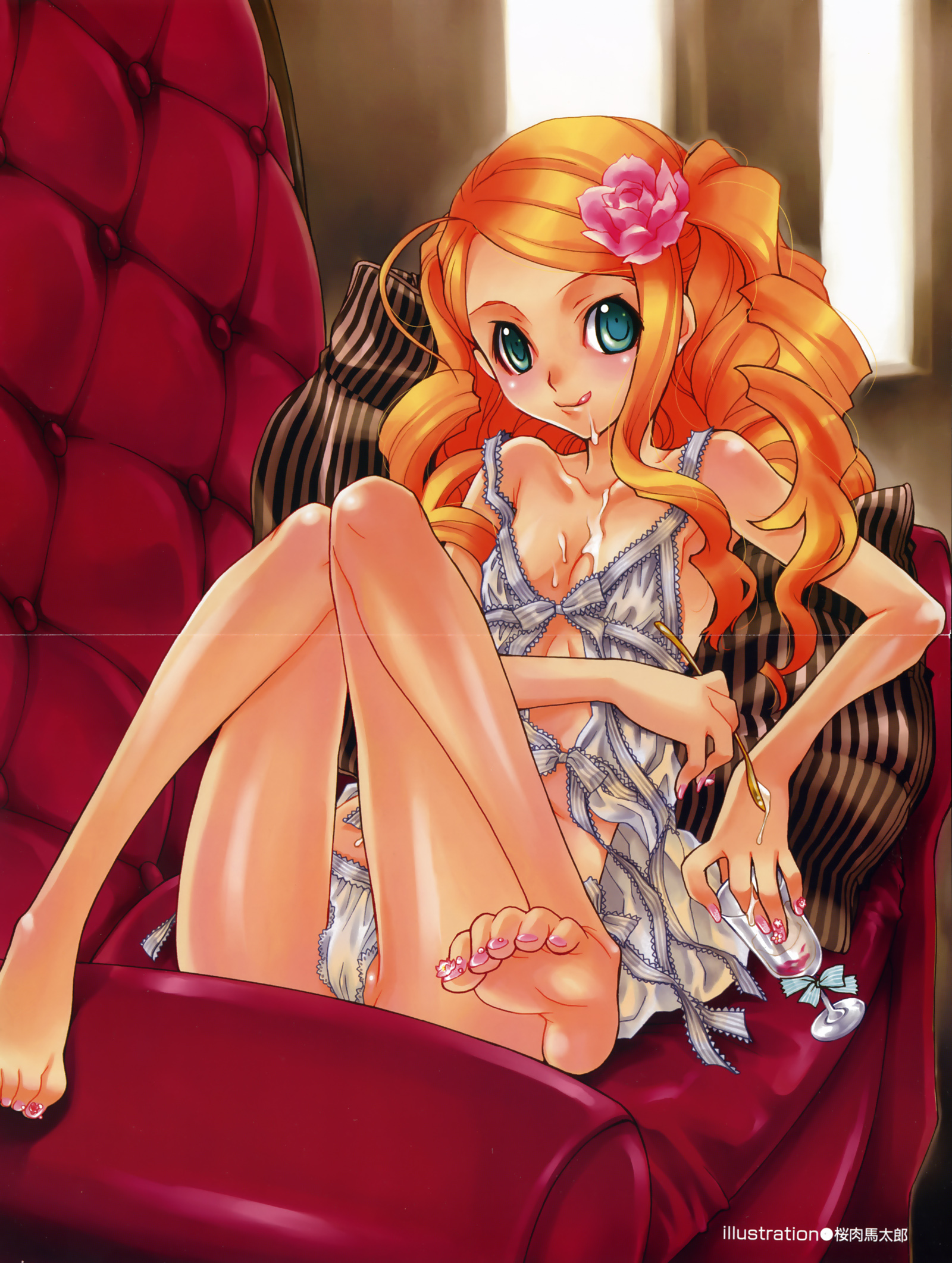 sakuraniku umatarou, messy, striped, highres, scan, 1girl, :q, ahoge, barefoot, blue eyes, blush, breasts, cameltoe, chair, chemise, crease, curly hair, feet, female focus, flat chest, flower, food, glass, hair flower, hair ornament, ice cream, long hair, lying, nail art, nail polish, no bra, no pants, on back, orange hair, panties, pillow, pink nails, reclining, sexually suggestive, side-tie panties, small breasts, soles, solo, spoon, strap slip, suggestive fluid, thigh gap, thighs, toe scrunch, toenail polish, toenails, toes, tongue, tongue out, underwear, white panties, window