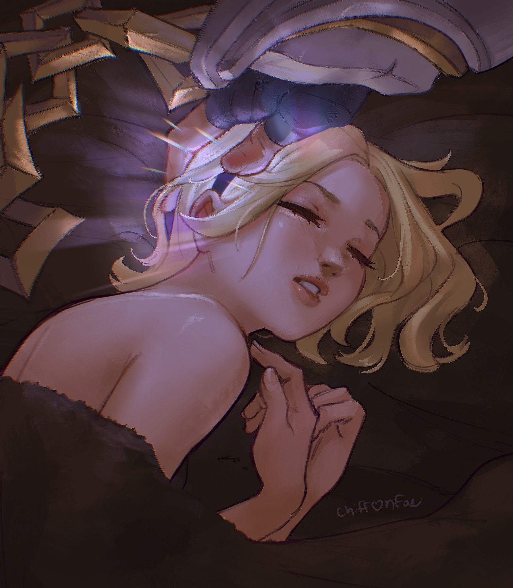 chiffonfae, lux (league of legends), sylas (league of legends), league of legends, highres, 1girl, armor, artist name, bed, black gloves, blanket, blonde hair, blush, chain, fingerless gloves, gloves, hand on another's head, short hair, sleeping, solo focus, teeth