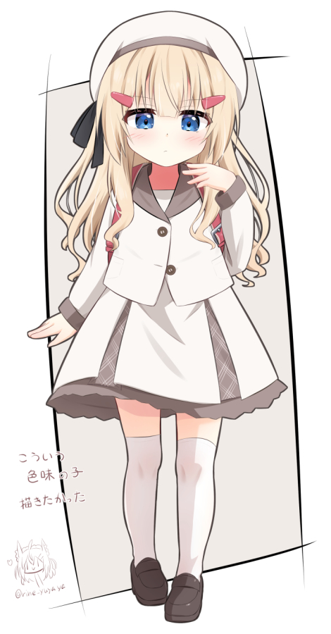 ri-net, original, commentary request, translation request, 1girl, backpack, bag, beret, blonde hair, blue eyes, blush, closed mouth, full body, hair ornament, hairclip, hand up, hat, jacket, loafers, long hair, long sleeves, randoseru, shoes, skirt, solo, thighhighs, white jacket, white skirt, white thighhighs