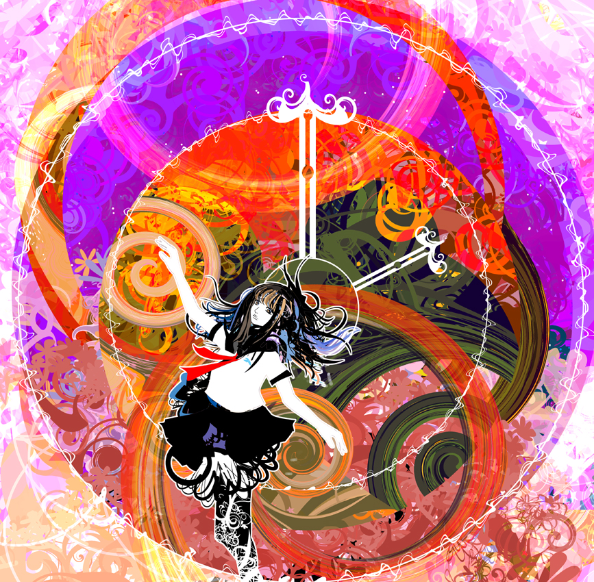 kazaana, original, abstract, black hair, brown eyes, colorful, long hair, psychedelic, school uniform, serafuku, solo