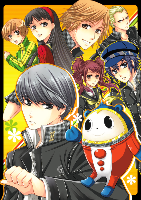 nekopu, amagi yukiko, hanamura yousuke, kujikawa rise, kuma (persona 4), narukami yu, satonaka chie, shirogane naoto, tatsumi kanji, atlus, persona, persona 4, 3boys, 4girls, androgynous, black eyes, black hair, blue eyes, blue hair, brown eyes, grey eyes, grey hair, hairband, hat, houndstooth, long hair, multiple boys, multiple girls, newsboy cap, red eyes, reverse trap, scar, school uniform, short hair, twintails, white hair