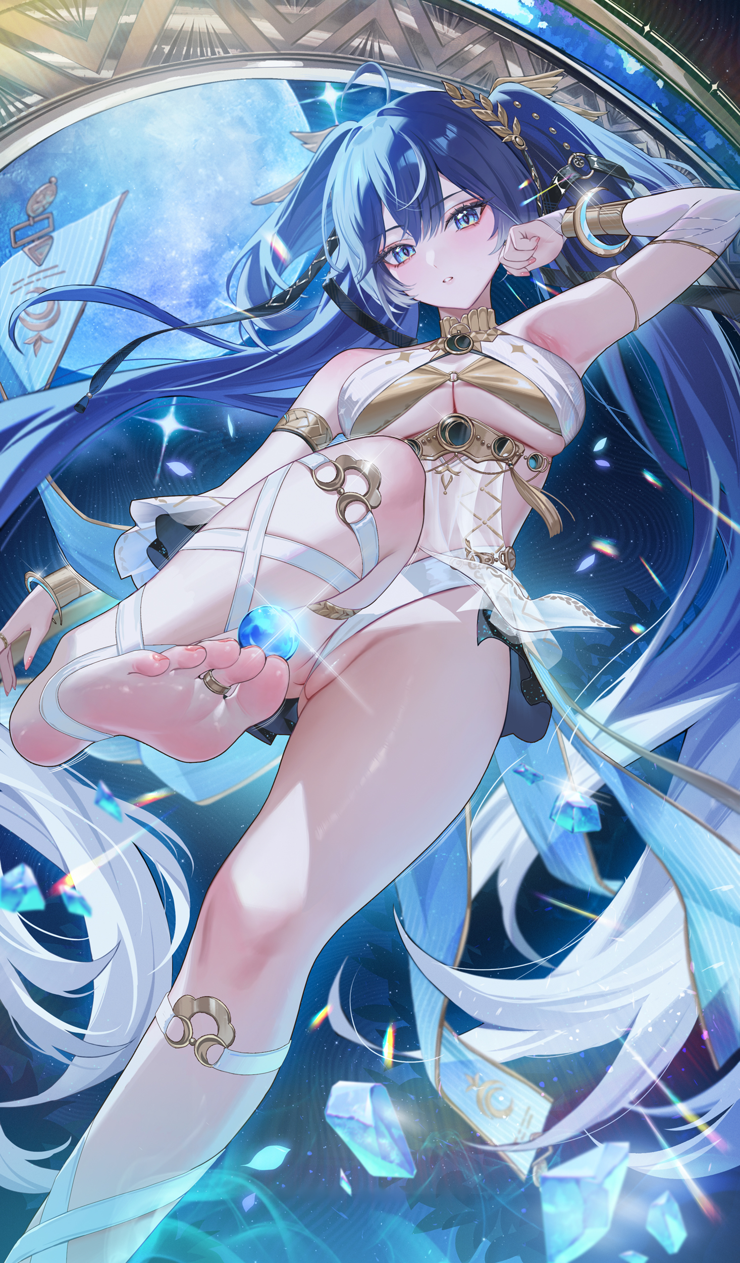 lichiko, iuno (wuthering waves), wuthering waves, absurdres, alt text, commentary, highres, symbol-only commentary, 1girl, ahoge, ancient greek clothes, arm up, armlet, armpits, bare shoulders, barefoot, black skirt, blue eyes, blue hair, blush, breasts, commentary typo, feet, fingernails, foot out of frame, from below, full moon, gold bra, greco-roman clothes, hair belt, hand up, jewelry, laurel crown, leg wrap, long hair, looking at viewer, medium breasts, moon, multicolored hair, orb, parted lips, partially visible vulva, showgirl skirt, skirt, soles, solo, streaked hair, thighlet, thighs, toe ring, toes, twintails, underboob, vambraces, very long hair