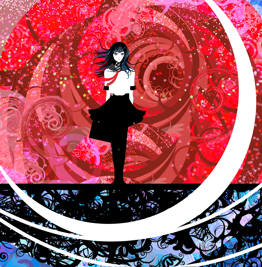 kazaana, original, bookbag, abstract, bag, black hair, brown eyes, colorful, long hair, pantyhose, psychedelic, school uniform, serafuku, solo