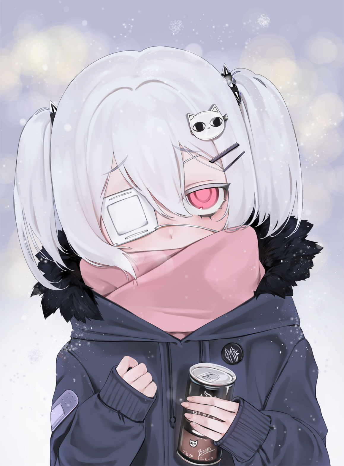 ompf, nekojiru udon, original, commentary request, highres, 1girl, black jacket, blurry, blurry background, brown scarf, can, cat hair ornament, covered mouth, eyepatch, fingernails, fur-trimmed jacket, fur trim, grey hair, hair between eyes, hair ornament, hands up, holding, holding can, jacket, long sleeves, looking at viewer, medical eyepatch, pink eyes, scarf, short hair, sleeves past wrists, snow, solo, upper body