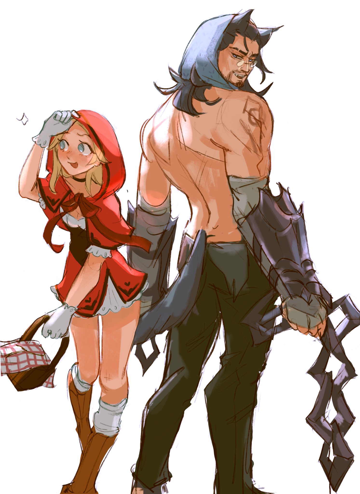 chiffonfae, big bad wolf, little red riding hood (fairy tale character), lux (league of legends), sylas (league of legends), league of legends, commentary, english commentary, highres, 1boy, 1girl, alternate costume, animal ears, armor, beard, big bad wolf (cosplay), black hair, black pants, blonde hair, boots, chain, cosplay, facial hair, fang, gloves, holding, holding chain, hood, hood up, knee boots, little red riding hood (fairy tale character) (cosplay), long hair, looking back, muscular, muscular male, pants, red hood, simple background, standing, tail, teeth, topless male, white background, white gloves, wolf boy, wolf ears, wolf tail