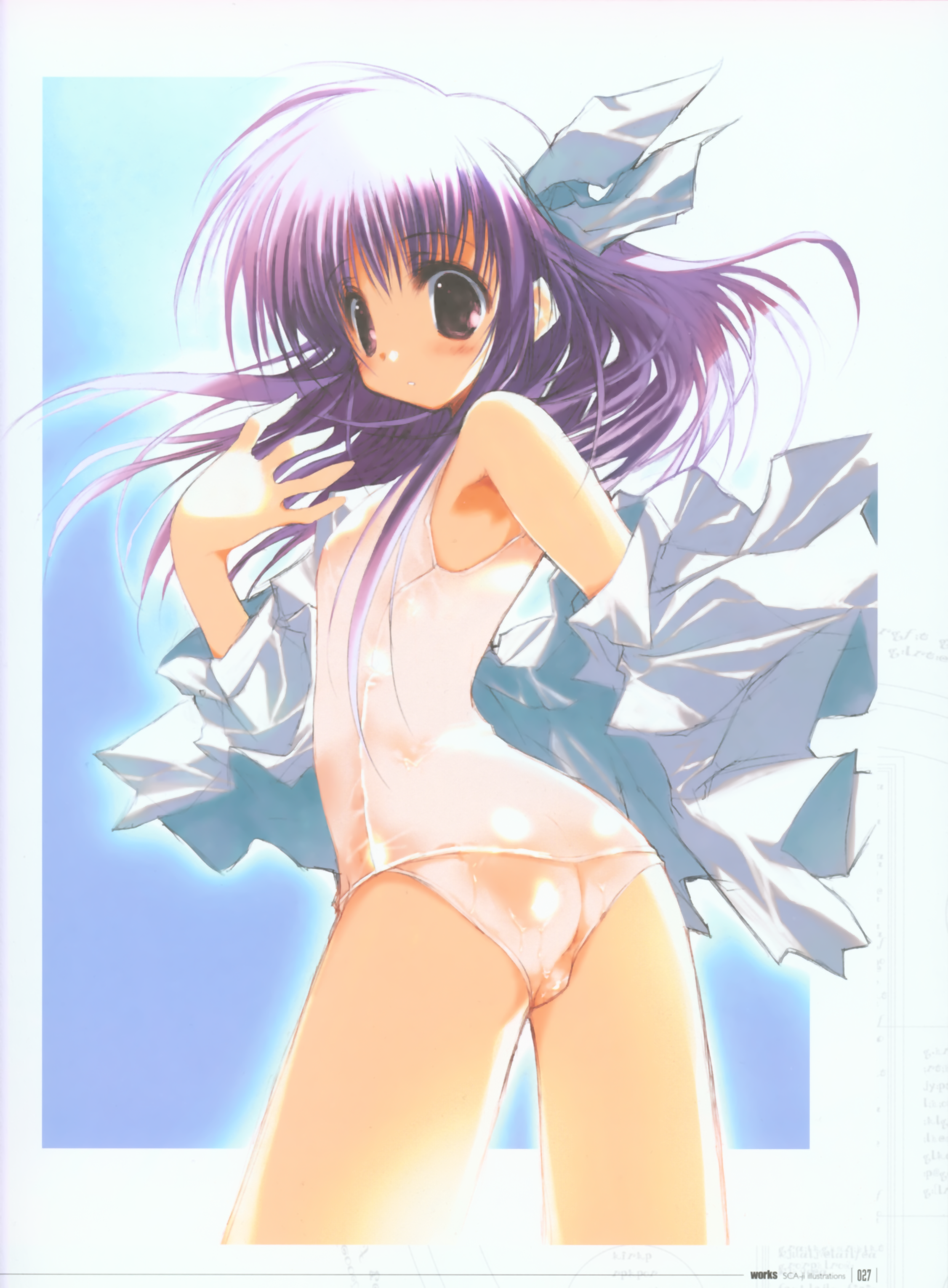 scaji, yakumo hamaji, h2o footprints in the sand, absurdres, highres, 00s, 1boy, ass, brown eyes, crossdressing, crossdressing (mtf), jacket, long hair, male focus, no pants, one-piece swimsuit, open clothes, open jacket, purple hair, ribbon, school swimsuit, solo, swimsuit, swimsuit under clothes, trap, white one-piece swimsuit, white school swimsuit