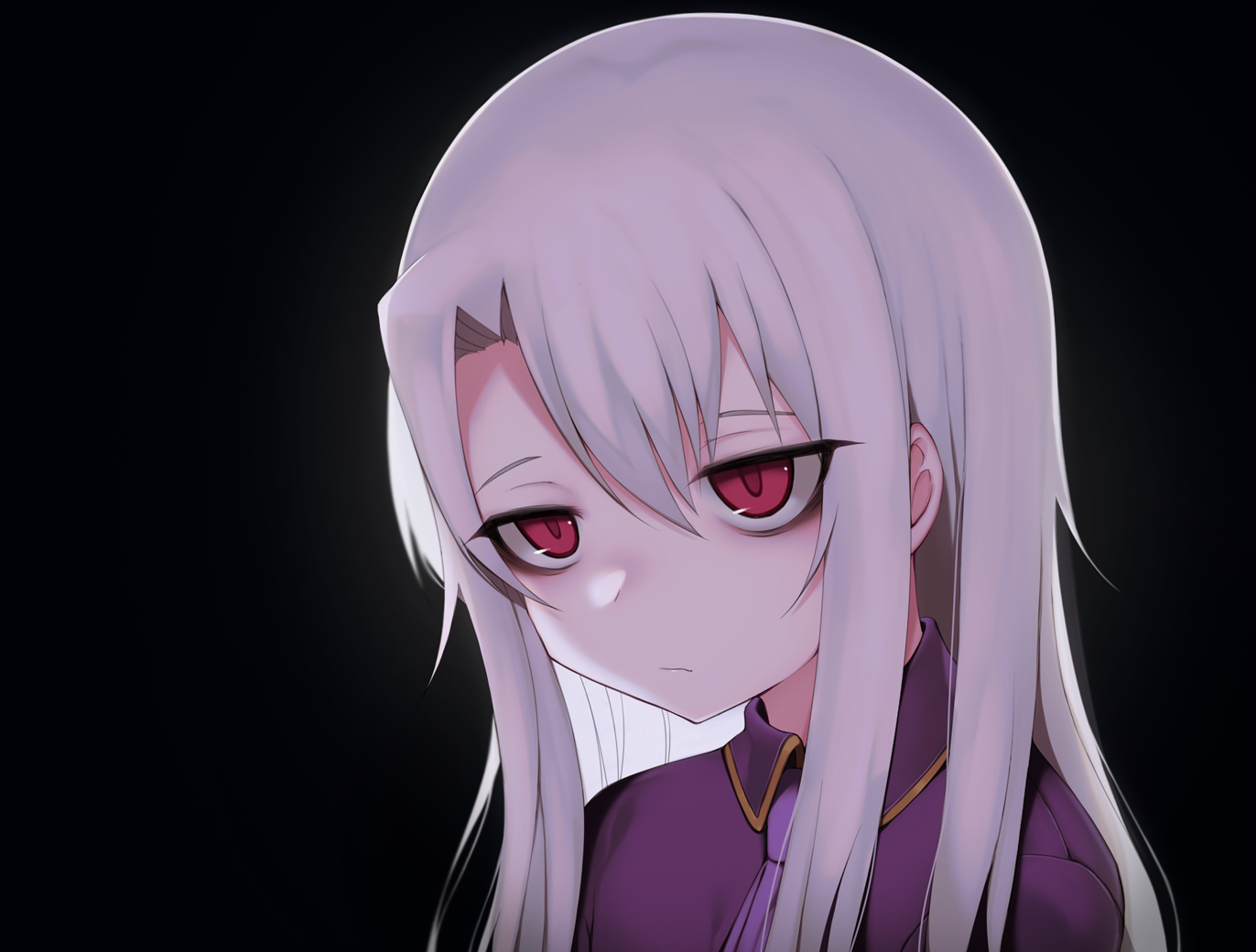 ompf, illyasviel von einzbern, fate/grand order, fate (series), 1girl, black background, expressionless, long hair, purple shirt, red eyes, shirt, solo, upper body, white hair