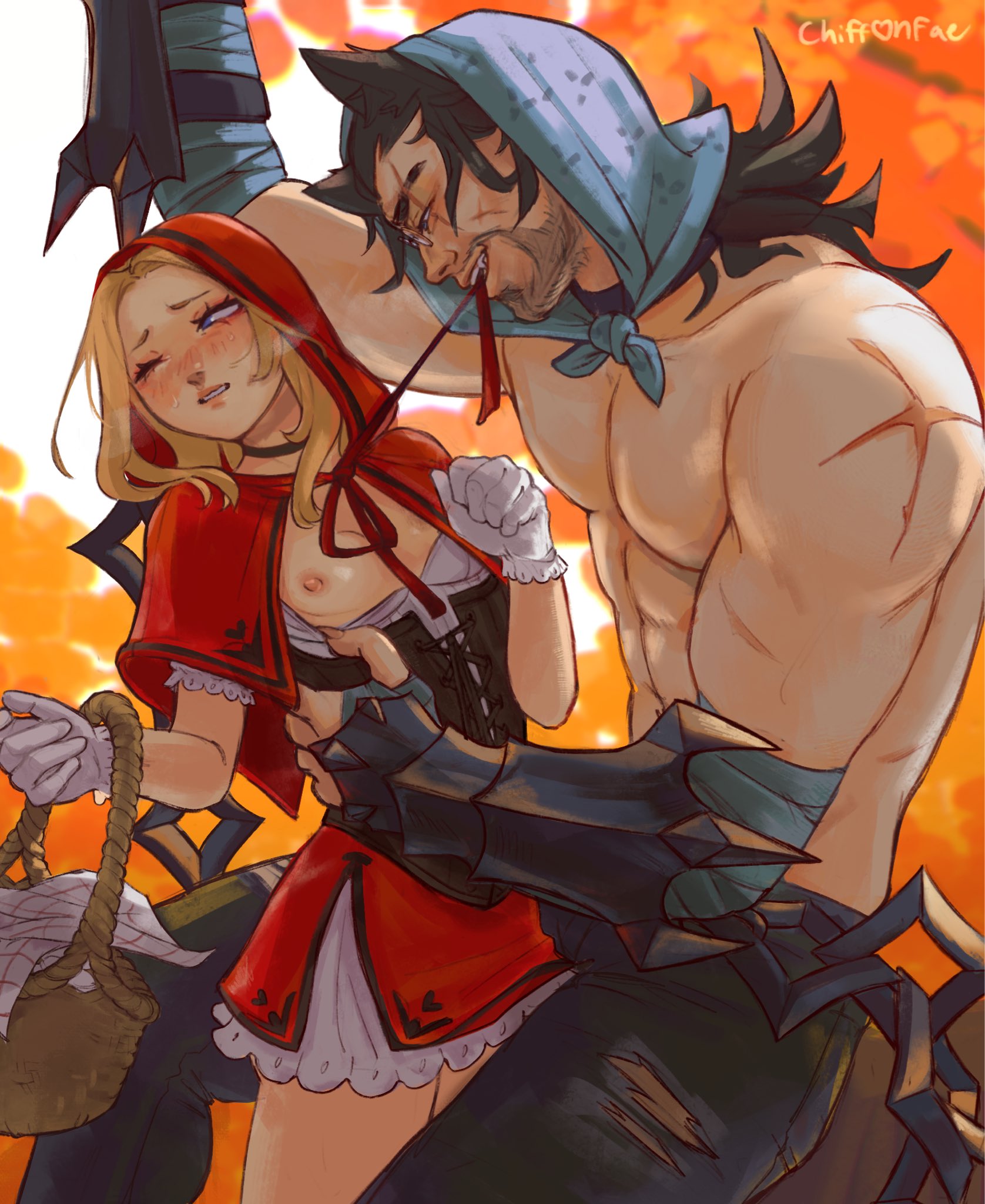 chiffonfae, big bad wolf, little red riding hood (fairy tale character), lux (league of legends), sylas (league of legends), league of legends, commentary, english commentary, highres, 1boy, 1girl, alternate costume, animal ears, artist name, bare shoulders, basket, big bad wolf (cosplay), black hair, black pants, blonde hair, blush, cosplay, flat chest, gloves, holding, holding basket, hood, hood up, little red riding hood (fairy tale character) (cosplay), mouth hold, muscular, muscular male, nipples, one eye closed, outdoors, pants, parted lips, scar, scar on shoulder, shiny skin, tail, teeth, torn clothes, torn pants, white gloves, wolf boy, wolf ears, wolf tail