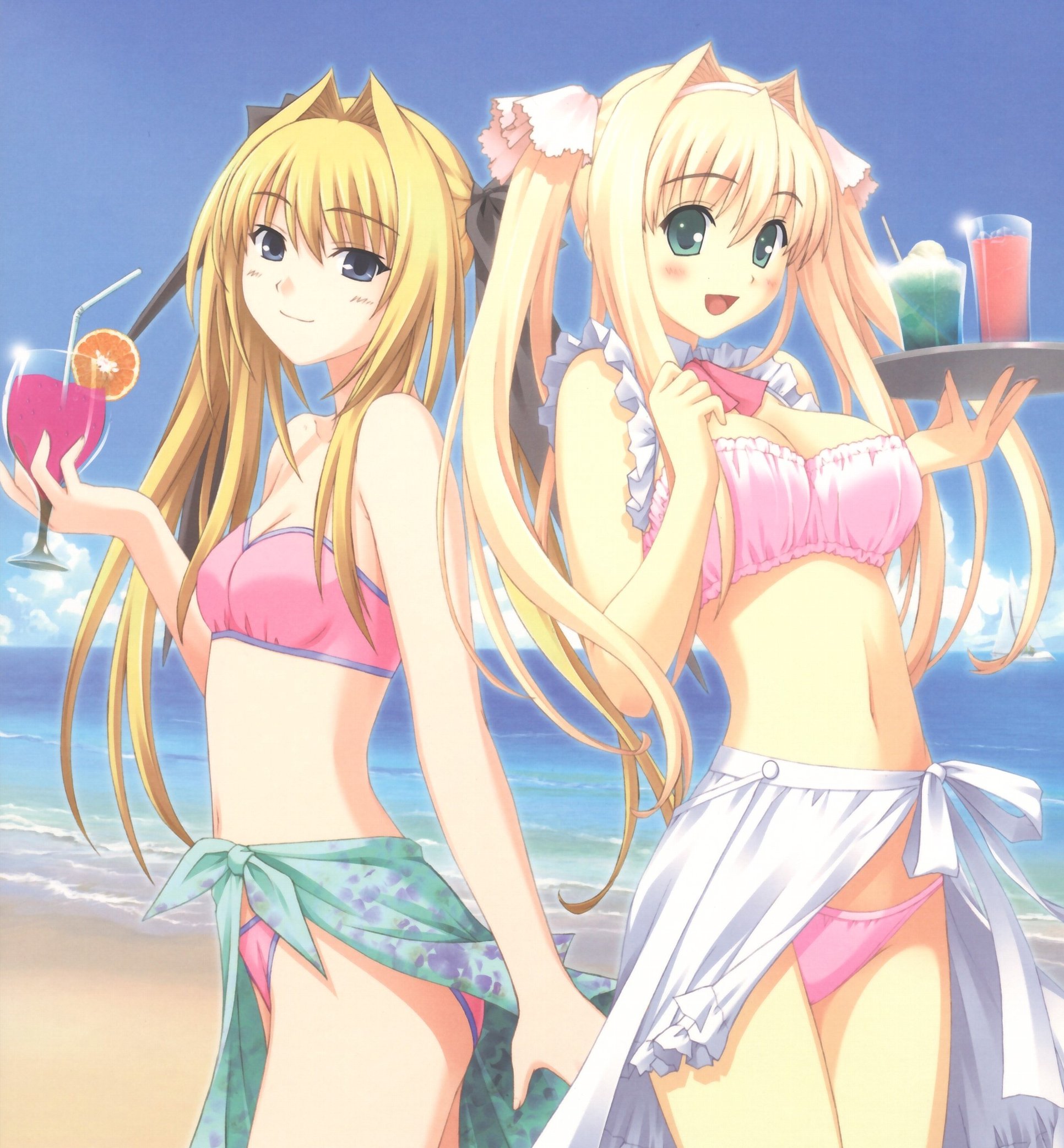 nekonyan, hayama umi, katori rea, kono aozora ni yakusoku wo, parfait chocolat second brew, highres, 00s, 2girls, back-to-back, bandeau, beach, bikini, blonde hair, blue eyes, blush, breasts, cleavage, day, drink, flat chest, food, green eyes, hair intakes, hair ribbon, hairband, ice cream, large breasts, long hair, midriff, multiple girls, navel, outdoors, ribbon, sarong, small breasts, smile, swimsuit, twintails, waitress, water