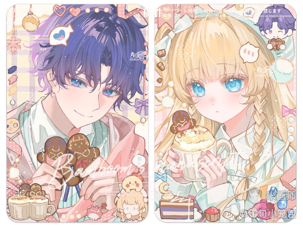original, 1boy, 1girl, blonde hair, blue eyes, blush, border, braid, cake, cake slice, closed mouth, collared shirt, cookie, cup, food, gingerbread man, holding, holding cookie, holding cup, holding food, long hair, long sleeves, mihuashi username, one side up, parted bangs, portrait, purple hair, shirt, short hair, single braid, smile, watermark, white border, white shirt, xun xun xiaolongbao