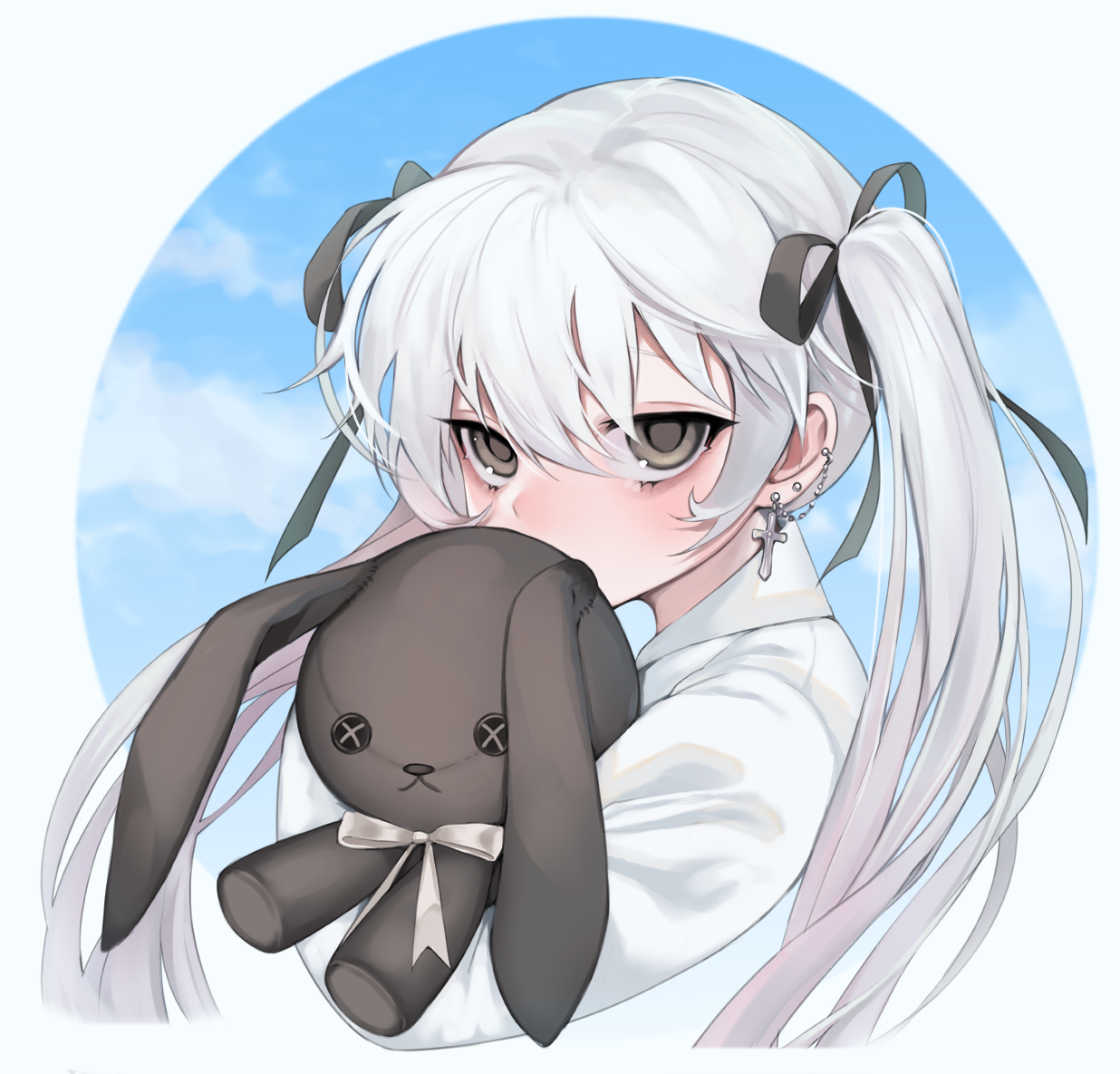 ompf, kasugano sora, yosuga no sora, 1girl, blue sky, cross, cross earrings, dress, ear piercing, earrings, grey eyes, hair ribbon, jewelry, long hair, looking at viewer, piercing, ribbon, sky, solo, stuffed animal, stuffed rabbit, stuffed toy, twintails, upper body, white dress, white hair