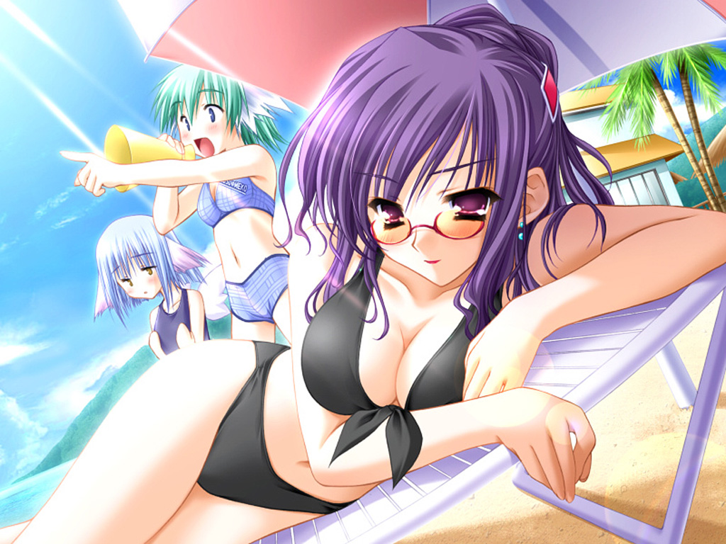 moekibara fumitake, fuijika, nikke (purism egoist), yumina, purism egoist, plaid, game cg, 3girls, animal ears, beach, bikini, blue eyes, blue hair, blush, breast envy, breasts, brown eyes, cleavage, day, earrings, flat chest, front-tie top, glasses, green hair, jewelry, large breasts, lens flare, lipstick, lying, makeup, multiple girls, on side, one-piece swimsuit, open mouth, outdoors, palm tree, pointing, purple eyes, purple hair, school swimsuit, short hair, sky, smile, sunglasses, swimsuit, tree, umbrella, wings, yellow eyes