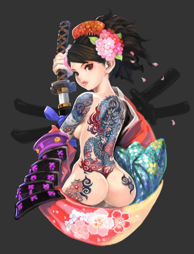 muuten, momohime, momohime (hitodama), oboro muramasa, vanillaware, 1girl, armor, ass, ass support, breasts, brown eyes, brown hair, cameo, comb, female focus, flower, full-body tattoo, hair flower, hair ornament, hip focus, irezumi, japanese armor, japanese clothes, katana, large breasts, lips, looking back, nude, petals, ponytail, red eyes, sheath, short hair, shoulder armor, sode, solo, sword, tattoo, unsheathing, weapon, wide hips