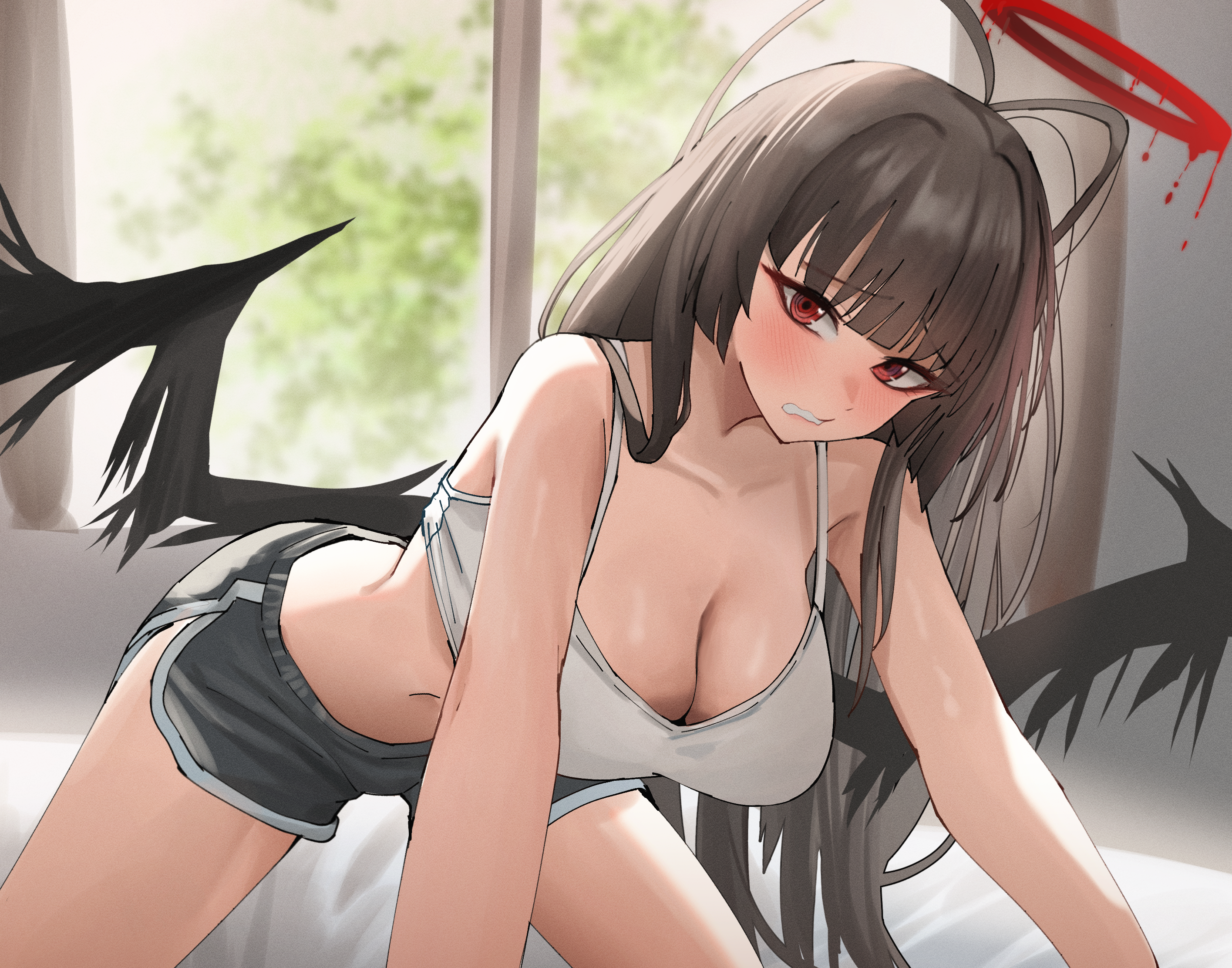 taeman, tsurugi (blue archive), blue archive, highres, 1girl, bare arms, bare shoulders, black hair, black shorts, black wings, blunt bangs, blunt sidelocks, breasts, cleavage, halo, large breasts, long hair, looking at viewer, melting halo, navel, red eyes, red halo, shorts, sidelocks, solo, stomach, tank top, white tank top, wings