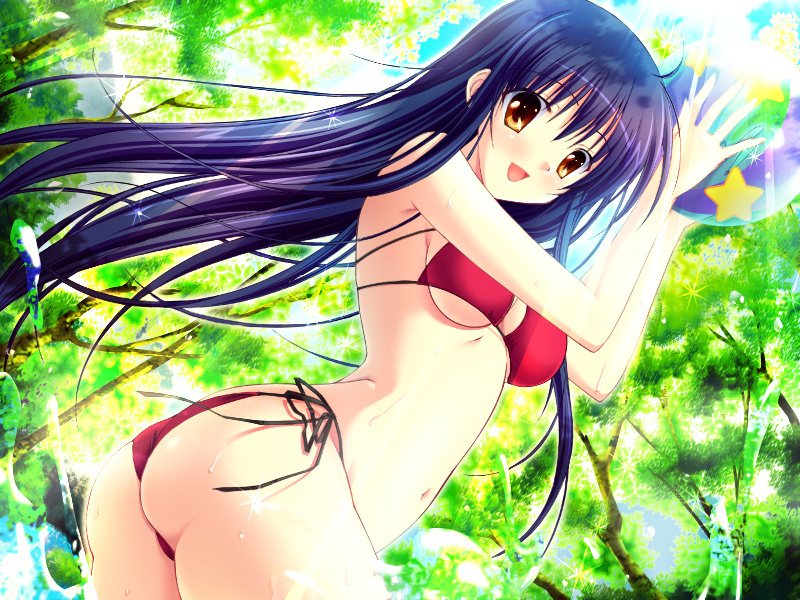 choco chip, amato saori, atelier kaguya, sara sara sasara, game cg, 1girl, ass, ball, beachball, bikini, black hair, breasts, day, female focus, large breasts, long hair, red bikini, side-tie bikini bottom, solo, string bikini, swimsuit, underboob, yellow eyes