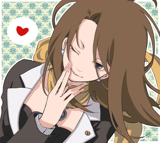 yoshin, mia fey, ace attorney, capcom, 1girl, brown hair, earrings, female focus, fingernails, heart, jewelry, long fingernails, long hair, one eye closed, scarf, solo, wink