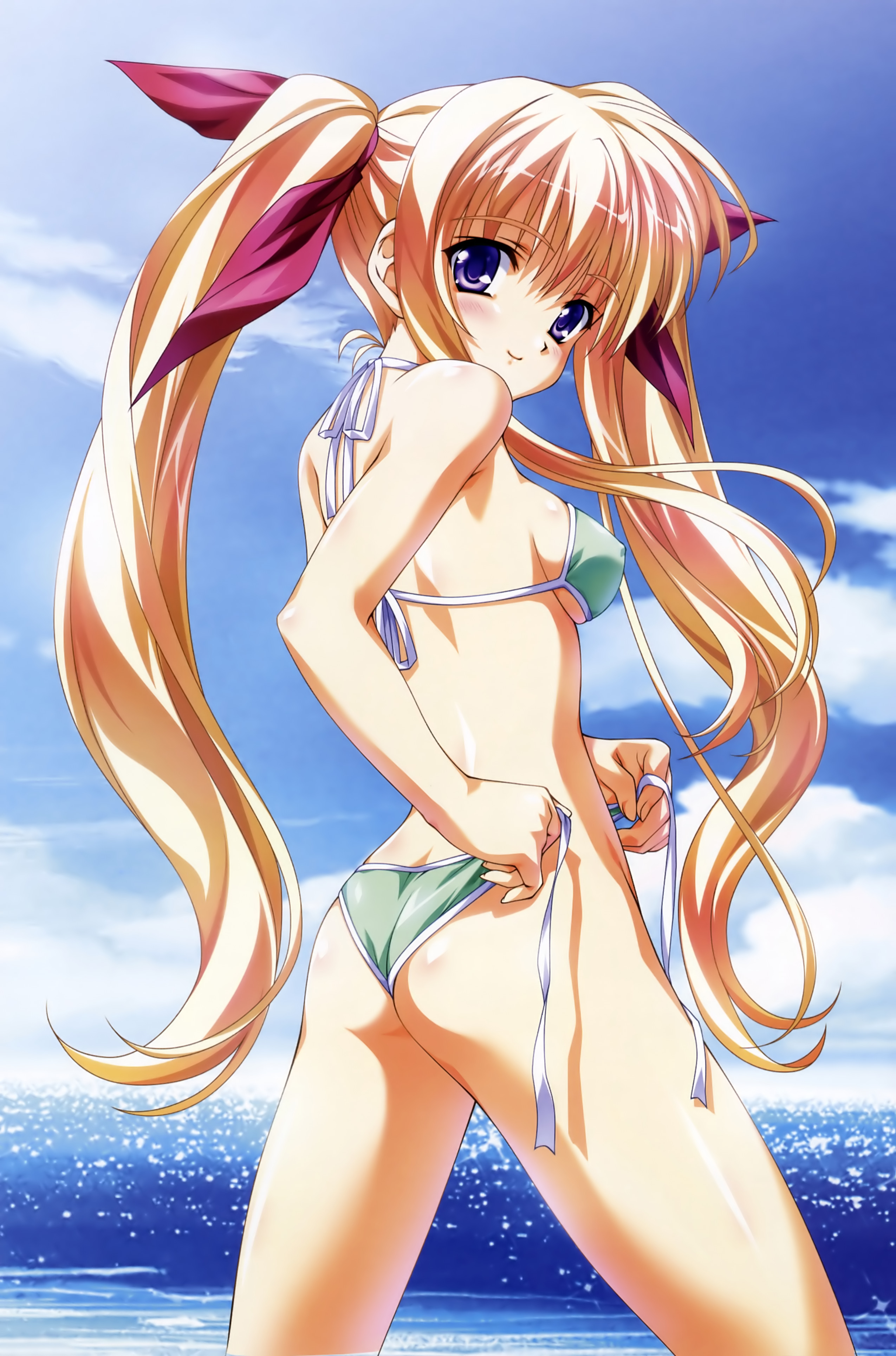 tsukasa yuuki, yagyuu aoi, nagisano, absurdres, highres, 1girl, ass, beach, bikini, blonde hair, blush, breasts, cloud, covered erect nipples, day, female focus, hair ribbon, long hair, looking back, medium breasts, ocean, outdoors, purple eyes, ribbon, side-tie bikini bottom, sideboob, sky, solo, string bikini, swimsuit, twintails, water