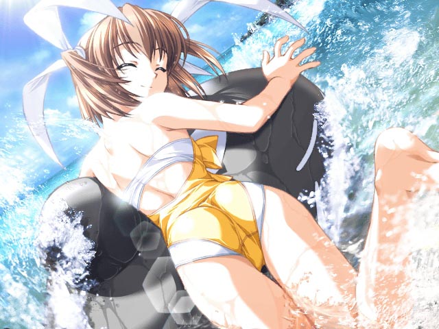 hashimoto takashi, aizawa tomomi, pia carrot (series), pia carrot e youkoso!!, pia carrot e youkoso!! 3, game cg, 1990s (style), 1girl, ass, barefoot, brown hair, closed eyes, dutch angle, female focus, hair ribbon, inflatable dolphin, inflatable raft, inflatable toy, looking back, one-piece swimsuit, retro artstyle, ribbon, short twintails, smile, solo, splashing, swimsuit, thigh gap, thighs, twintails, water