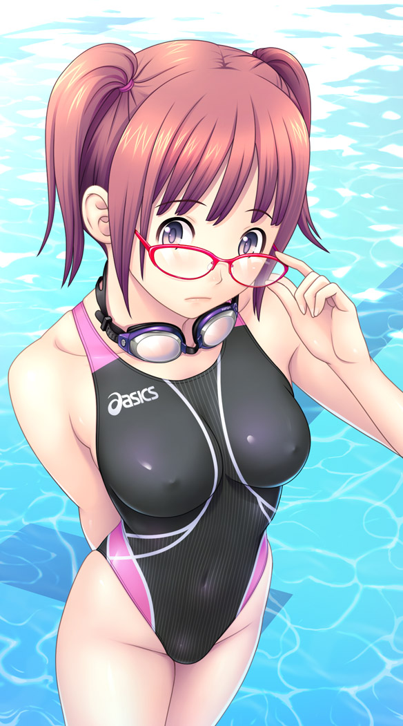 kuri (kurigohan), asics, copyright request, 1girl, adjusting eyewear, breasts, brown hair, competition swimsuit, covered erect nipples, covered navel, female focus, frown, glasses, goggles, medium breasts, navel, one-piece swimsuit, pool, poolside, purple eyes, red-framed eyewear, red hair, shiny clothes, short hair, short twintails, skin tight, solo, swimsuit, twintails, water
