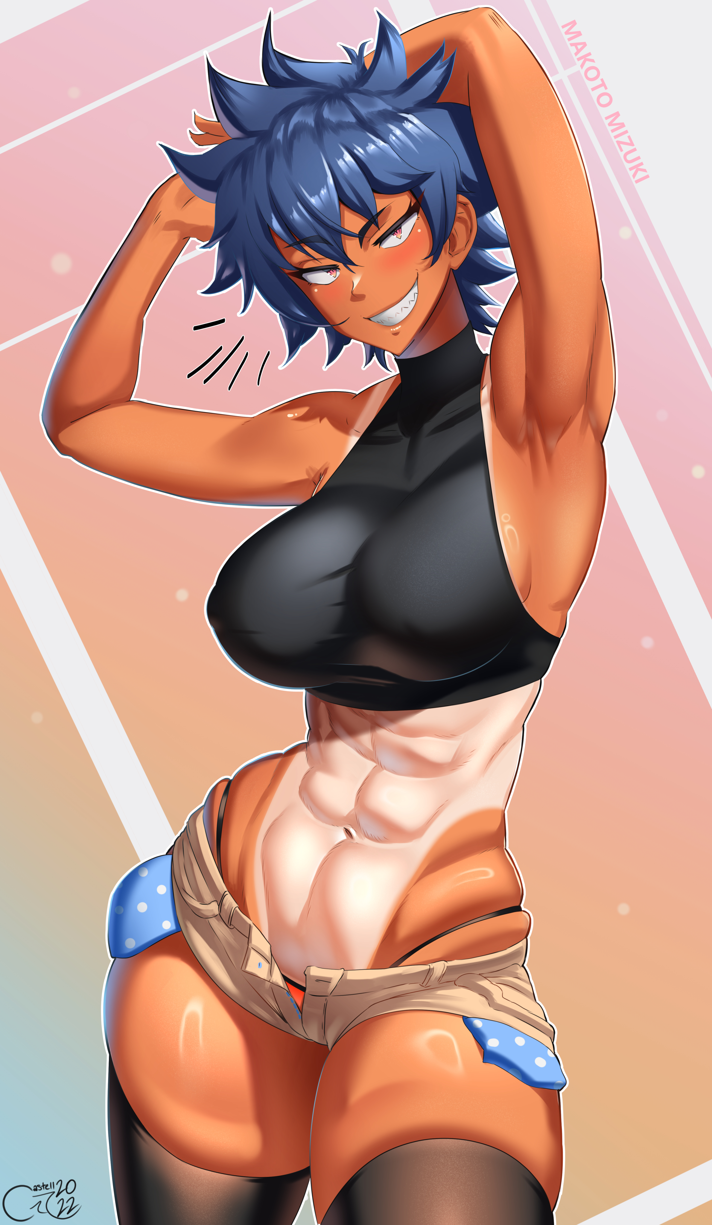 castell, original, absurdres, highres, 1girl, 2022, abs, armpits, artist name, beige shorts, blue hair, borrowed character, breasts, character name, crop top, dated, english text, grin, hair between eyes, highleg, large breasts, looking at viewer, micro shorts, navel, open fly, pink eyes, short hair, shorts, smile, solo, tan, tanline, thighhighs, tomboy