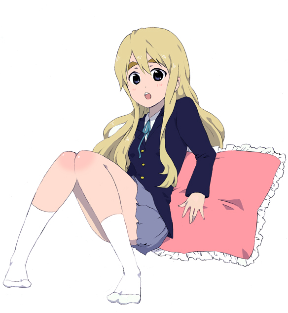 kachipiko, kotobuki tsumugi, k-on!, eyebrows, bad id, bad pixiv id, 00s, 1girl, blonde hair, blue eyes, female focus, frilled pillow, frills, full body, long hair, pillow, school uniform, socks, solo