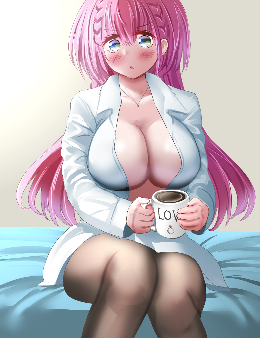 gu~derenko, kirisu mafuyu, bokutachi wa benkyou ga dekinai, highres, 1girl, aqua eyes, bed, blue eyes, blush, breasts, cleavage, coffee, coffee mug, collarbone, cup, holding, holding cup, indoors, jewelry, large breasts, long hair, mug, necklace, no bra, on bed, open clothes, open mouth, pantyhose, pink hair, shirt, simple background, sitting, solo
