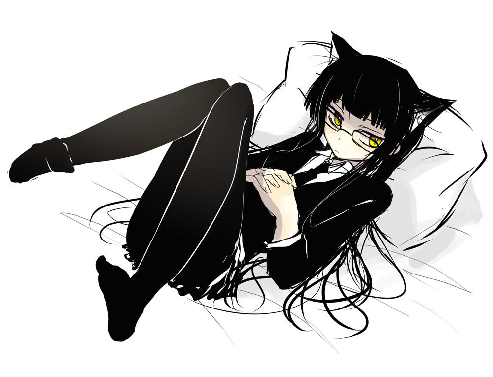 shima tokio, female protagonist (houkago play), houkago play, 1girl, animal ears, black hair, cat ears, feet, female focus, glasses, long hair, necktie, pantyhose, school uniform, solo, very long hair, yellow eyes