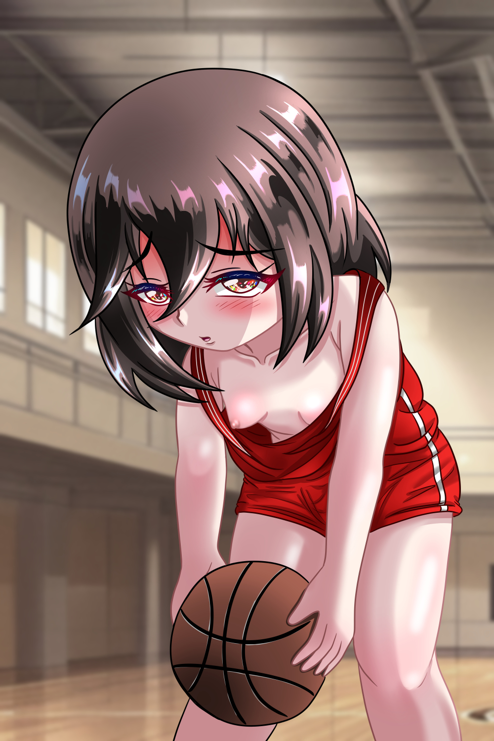 chapio, rui (chapio), original, highres, 1girl, ball, basketball, basketball (object), blush, breasts, brown eyes, brown hair, ceiling, collarbone, embarrassed, exhibitionism, gym, holding, holding ball, leaning forward, looking at viewer, nipples, open mouth, public indecency, red shirt, red shorts, shirt, short hair, shorts, small breasts, standing, strap slip, tank top, window