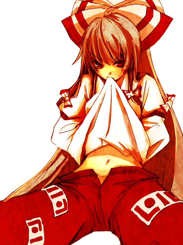kuronuko neero, fujiwara no mokou, touhou, silver hair, bad id, bad pixiv id, 1girl, clothes lift, female focus, midriff, monochrome, mouth hold, red eyes, red theme, ribbon, sepia, shirt lift, solo