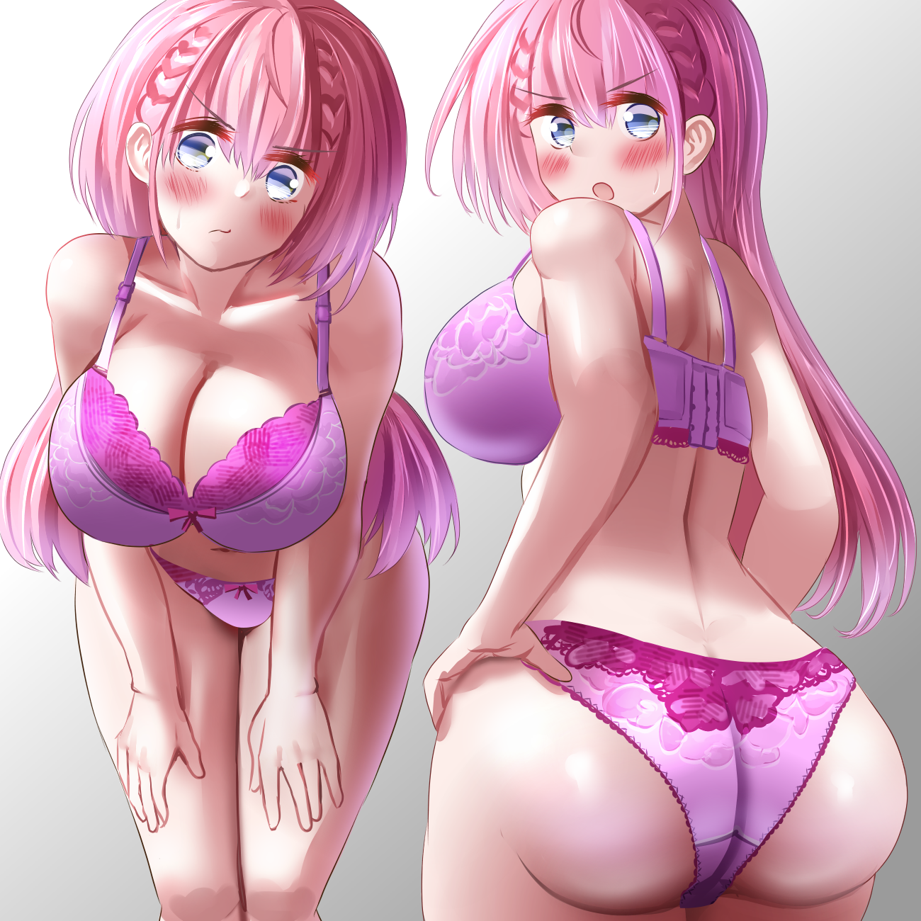 gu~derenko, kirisu mafuyu, bokutachi wa benkyou ga dekinai, highres, 1girl, aqua eyes, ass, back, bare shoulders, blue eyes, blush, bra, braid, breasts, butt crack, large breasts, leaning forward, long hair, looking at viewer, looking back, multiple views, navel, panties, pink hair, sideboob, solo, stomach, thighs, underwear