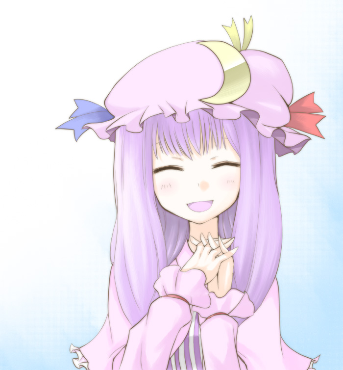 hane (hanegoya), patchouli knowledge, touhou, 1girl, closed eyes, female focus, gradient background, hat, long hair, purple hair, smile, solo