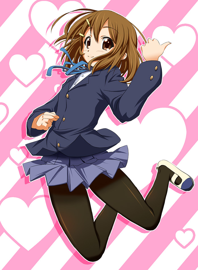hirorin, nekono matatabi, hirasawa yui, k-on!, 00s, 1girl, air guitar, brown eyes, brown hair, closed mouth, female focus, hair ornament, hairclip, heart, pantyhose, school uniform, shoes, solo, uwabaki