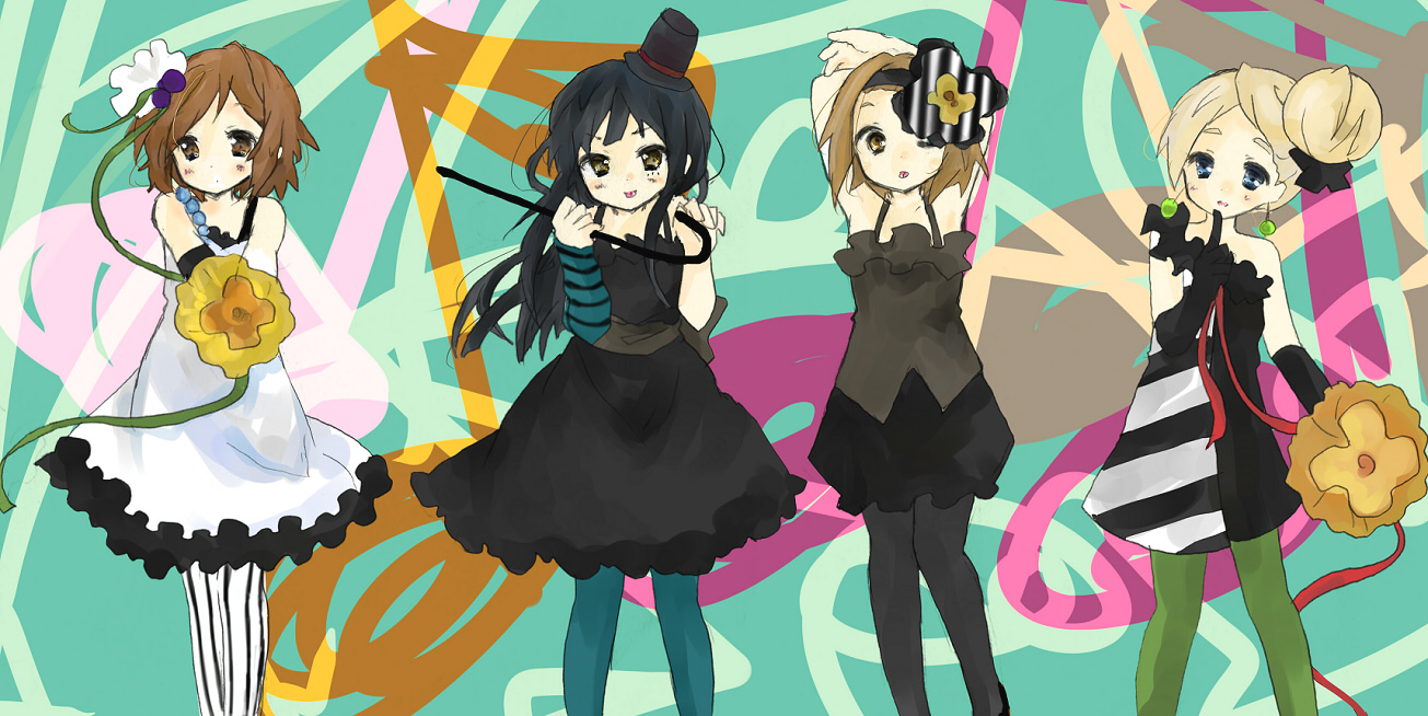 tsukiyo, tsukiyo (skymint), akiyama mio, hirasawa yui, kotobuki tsumugi, tainaka ritsu, don't say "lazy", k-on!, striped legwear, vertical-striped legwear, bad id, bad pixiv id, 00s, 4girls, black hair, blonde hair, blue pantyhose, brown hair, cane, dress, green pantyhose, hair bun, hat, ho-kago tea time, long hair, mini hat, mini top hat, multiple girls, pantyhose, short hair, single hair bun, striped clothes, striped pantyhose, top hat, vertical-striped clothes, vertical-striped pantyhose