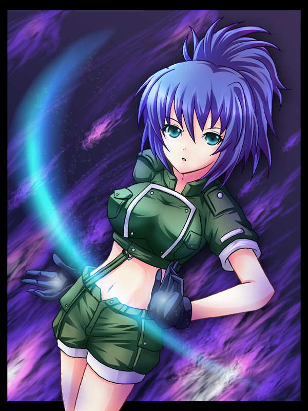 ryusei2u, ryusei (green aqua road), leona heidern, snk, the king of fighters, self-upload, 1girl, aqua eyes, blue hair, crop top, dutch angle, female focus, gloves, midriff, open fly, ponytail, purple hair, shorts, solo, unbuttoned, unzipped