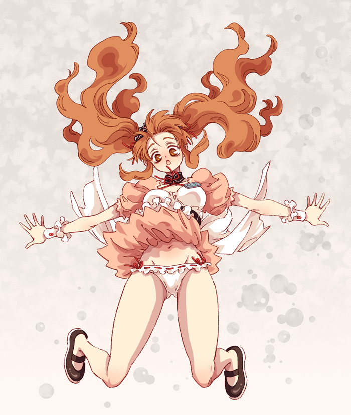 karezel, asahina mikuru, suzumiya haruhi no yuuutsu, 00s, brown eyes, brown hair, corset, falling, long hair, official alternate hairstyle, panties, solo, twintails, underwear, upskirt, waitress, wrist cuffs