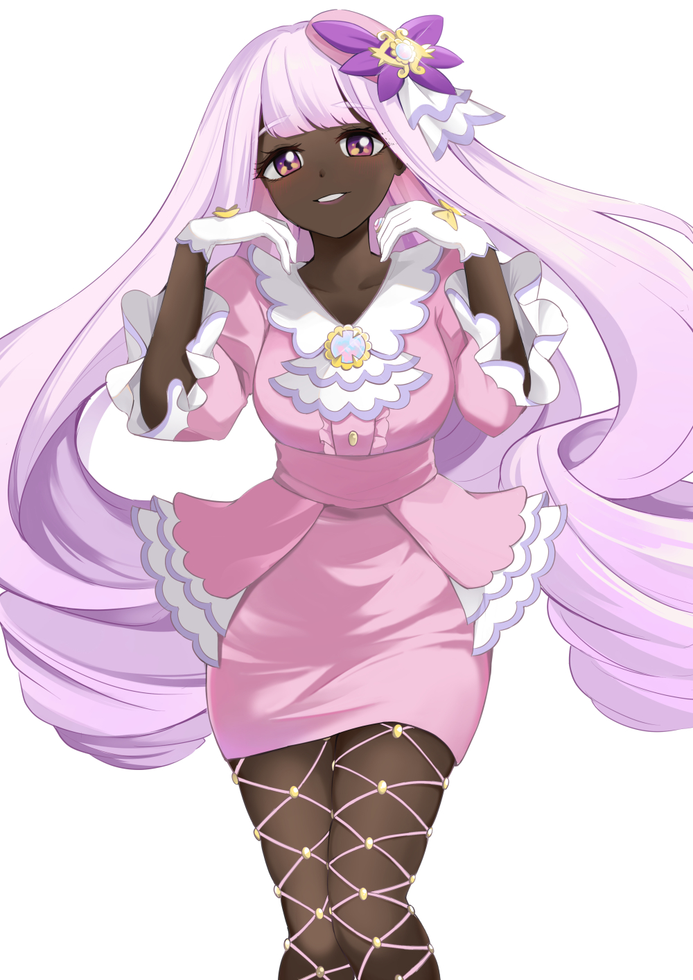 konka, jacinthe (pokemon), nintendo, pokemon, pokemon legends: z-a, highres, 1girl, blush, breasts, dark-skinned female, dark skin, fishnet pantyhose, fishnets, gloves, grin, hat, hat ornament, jacket, long hair, long sleeves, looking at viewer, medium breasts, pantyhose, pencil skirt, pink hat, pink jacket, pink skirt, purple eyes, purple hair, skirt, smile, solo, swept bangs, thighs, white gloves