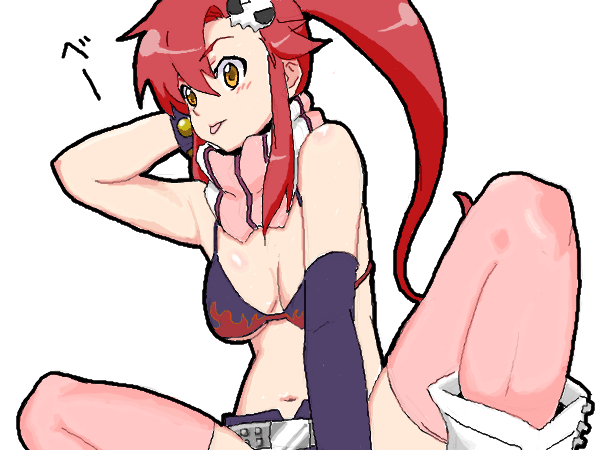 kazunari, yoko littner, tengen toppa gurren lagann, 00s, :p, belt, bikini, bikini top only, elbow gloves, gloves, hair ornament, midriff, oekaki, pink thighhighs, ponytail, red hair, scarf, shorts, solo, swimsuit, thighhighs, tongue, tongue out, yellow eyes