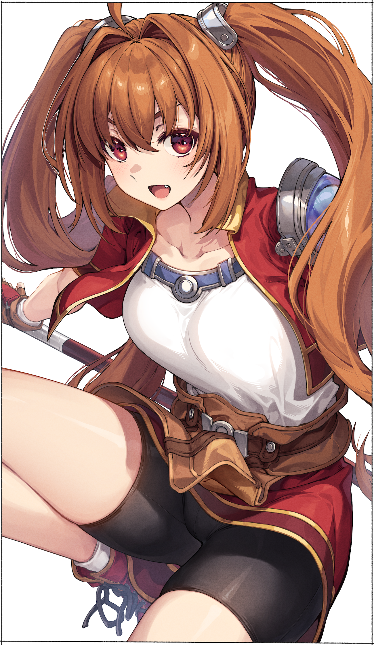 kei (soundcross), estelle bright, eiyuu densetsu, sora no kiseki, commentary request, highres, 1girl, bike shorts, black shorts, breasts, brown hair, fang, holding, holding weapon, jacket, long hair, looking at viewer, medium breasts, open clothes, open jacket, open mouth, red eyes, red jacket, red skirt, shirt, shorts, simple background, skirt, solo, thighs, twintails, weapon, white background, white shirt