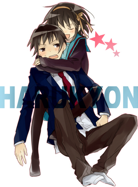 hakoda eko, kyon, suzumiya haruhi, suzumiya haruhi no yuuutsu, 00s, black hair, brown eyes, closed eyes, school uniform, short hair