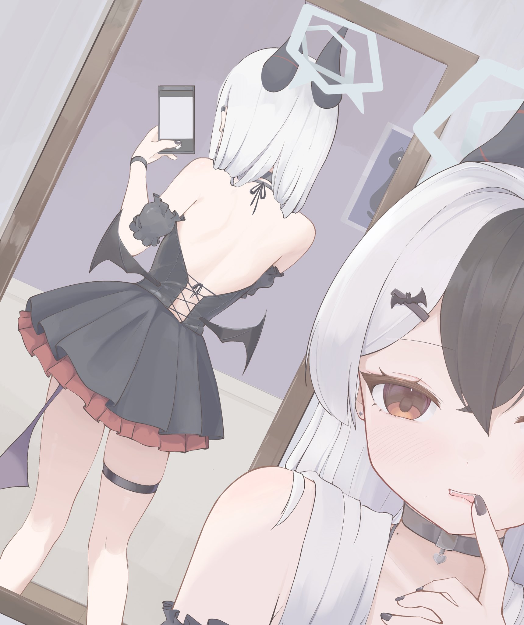 gman (gsdeman), kayoko (blue archive), blue archive, hashtag-only commentary, highres, 1girl, alternate costume, back, backless dress, backless outfit, bare shoulders, bat hair ornament, black choker, black dress, black hair, black horns, cellphone, choker, demon horns, demon wings, dress, earclip, fake wings, finger to mouth, frills, grey halo, hair between eyes, hair ornament, hair over shoulder, hairpin, halo, holding, holding phone, horns, indoors, long hair, mirror, mirror selfie, mole, mole on neck, multicolored hair, parted lips, phone, red eyes, selfie, short dress, single wing, smartphone, solo, thigh strap, two-tone hair, white hair, wings