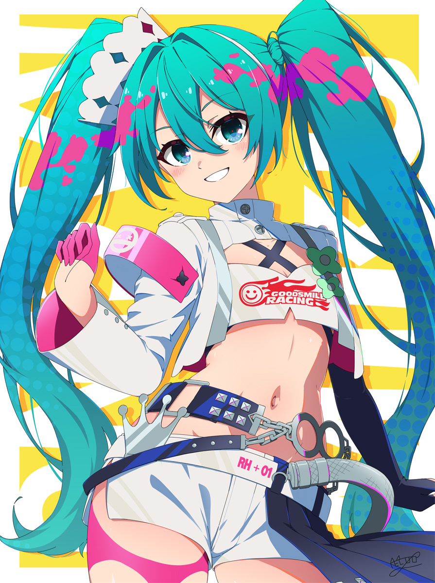 necono (nekonosora1207), hatsune miku, racing miku, racing miku (2025), goodsmile company, goodsmile racing, vocaloid, commentary request, highres, 1girl, aqua eyes, aqua hair, border, cowboy shot, crop top, cropped jacket, gloves, grin, hair ornament, half gloves, jacket, long hair, looking at viewer, midriff, miku day, navel, open clothes, open jacket, outside border, pink gloves, shorts, smile, solo, twintails, white border, white jacket, white shorts, yellow background